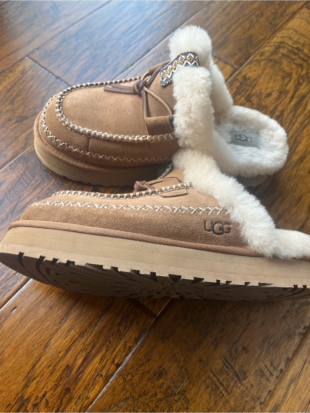 UGG  Chestnut Suede Shearling-Lined Moccasin Slippers - Picture 8 of 11